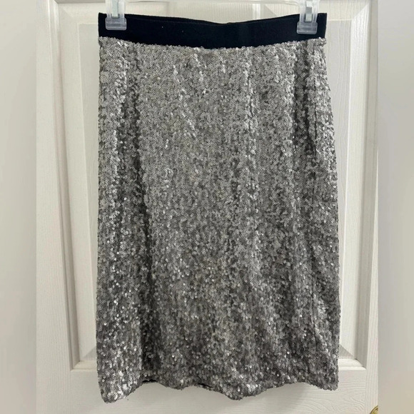 Maurices black with silver sequin elastic band skirt with slit in back - Picture 1 of 9